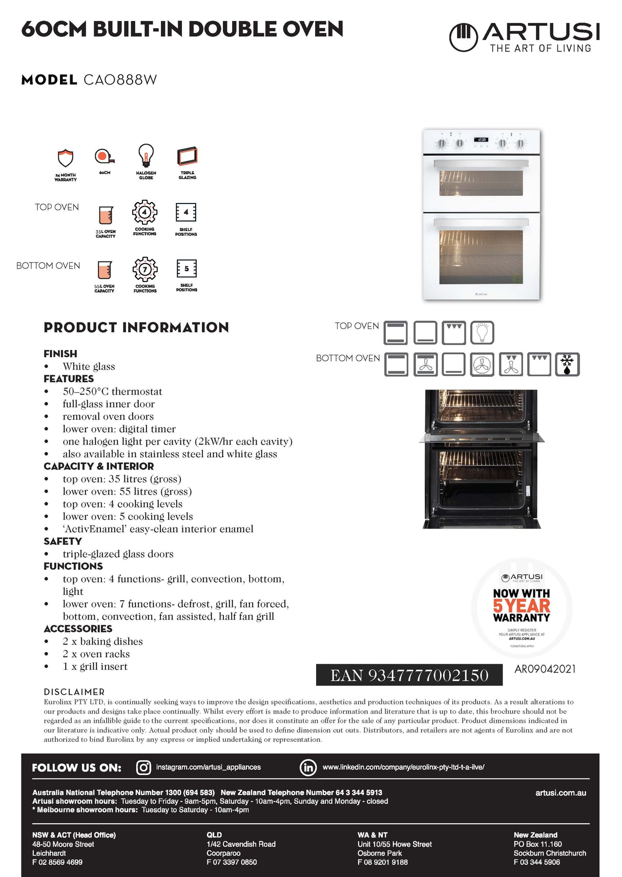 Artusi CAO888B 60cm Electric Built in Double Wall Oven, Black