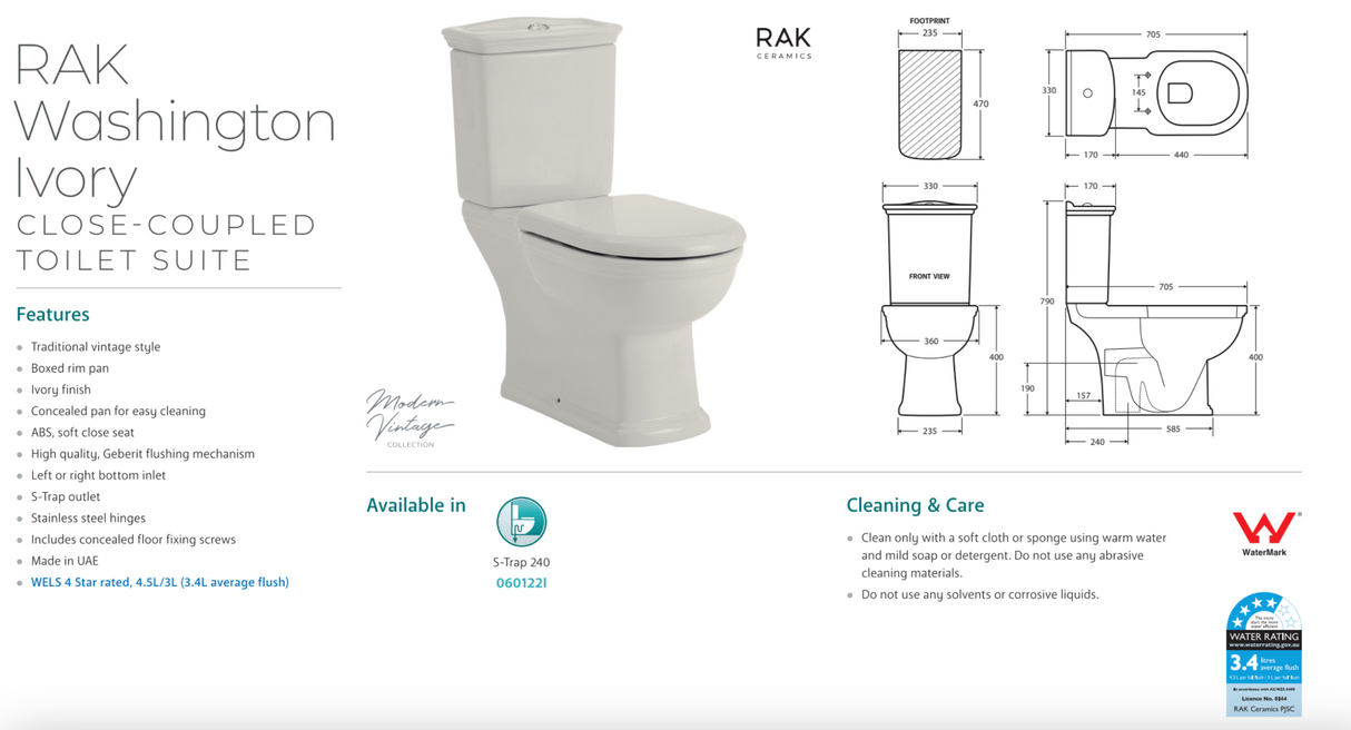 Fienza 060122I Washington Close Coupled RAK S-Trap 240mm Toilet, Ivory