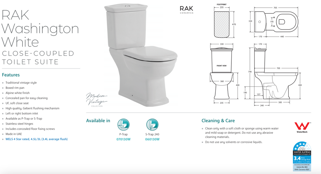 Fienza 060130W Close Coupled RAK Washington S-Trap 240mm Toilet, White
