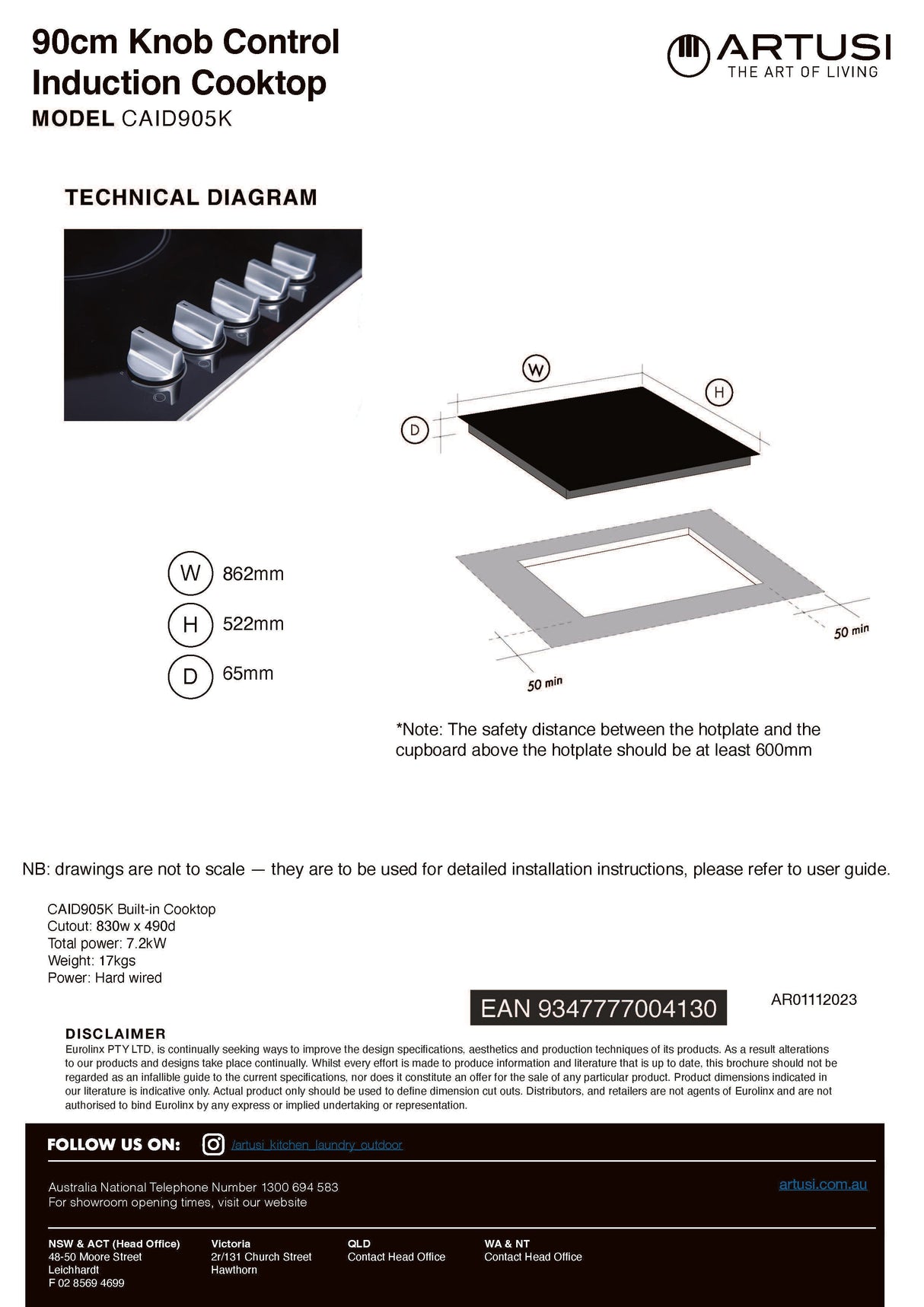 Artusi CAID905K 90cm Induction Cooktop with Knob Controls, Black Glass