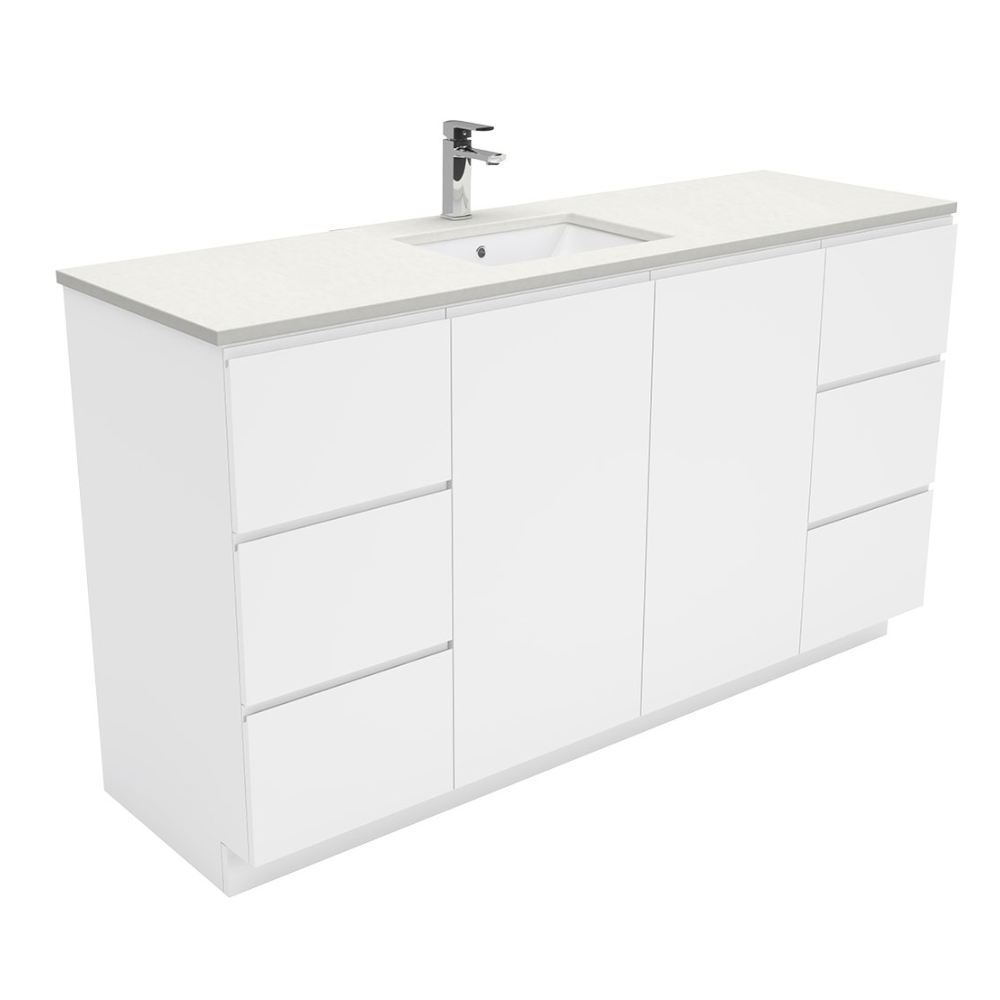 Fienza SC150CS Crystal Pure Undermount Stone Top, Fingerpull 1500mm (Single Basin) Vanity Unit with Kickboard Unit White