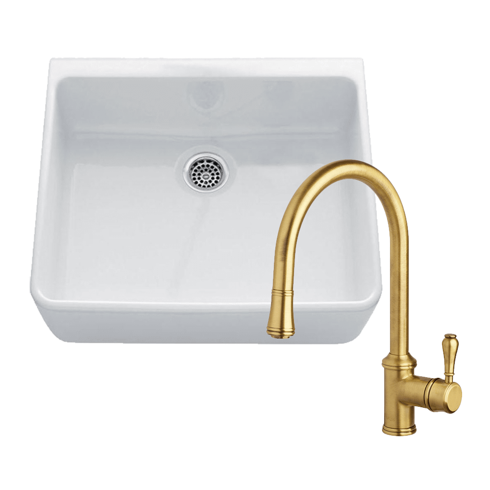 Abey Chambord Clotaire Package, Single Bowl Fireclay Sink, 500x500x200mm, White & Armando Vicario Provincial Mixer, Bronze, CLOTAIRE-1WTBR