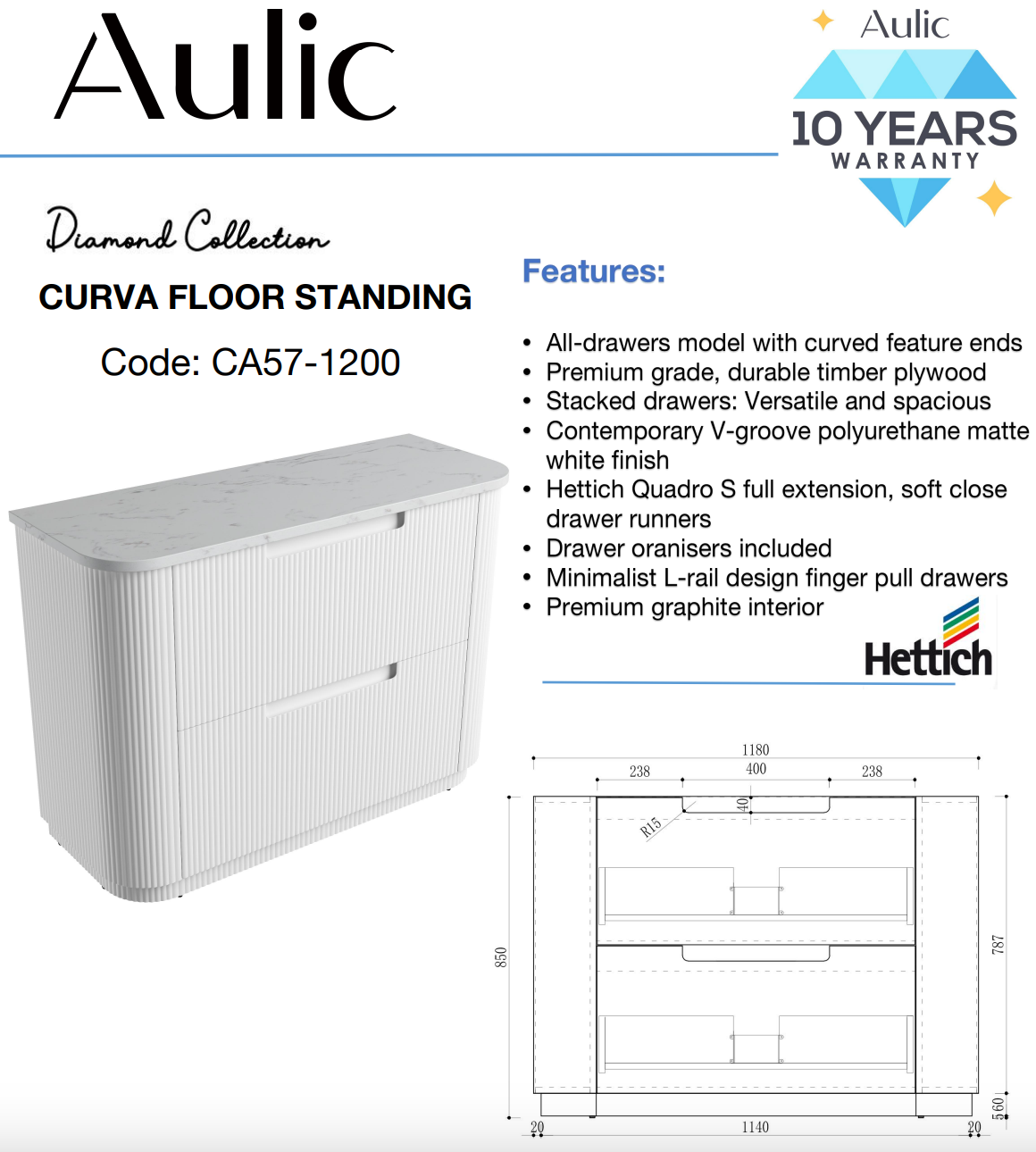 Aulic 1200mm Curva Floorstanding Vanity with Solid Surface Top Alpine Top CA57-1200-ST86FT Vanity Units