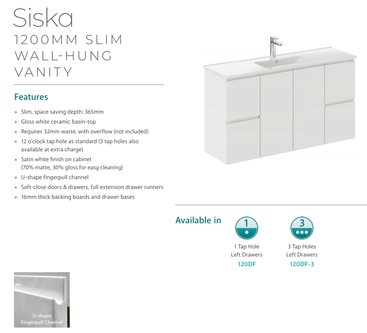 Fienza 120Df 1200Mm Siska Slim Wall Hung Vanity Unit Satin White - Special Order Units