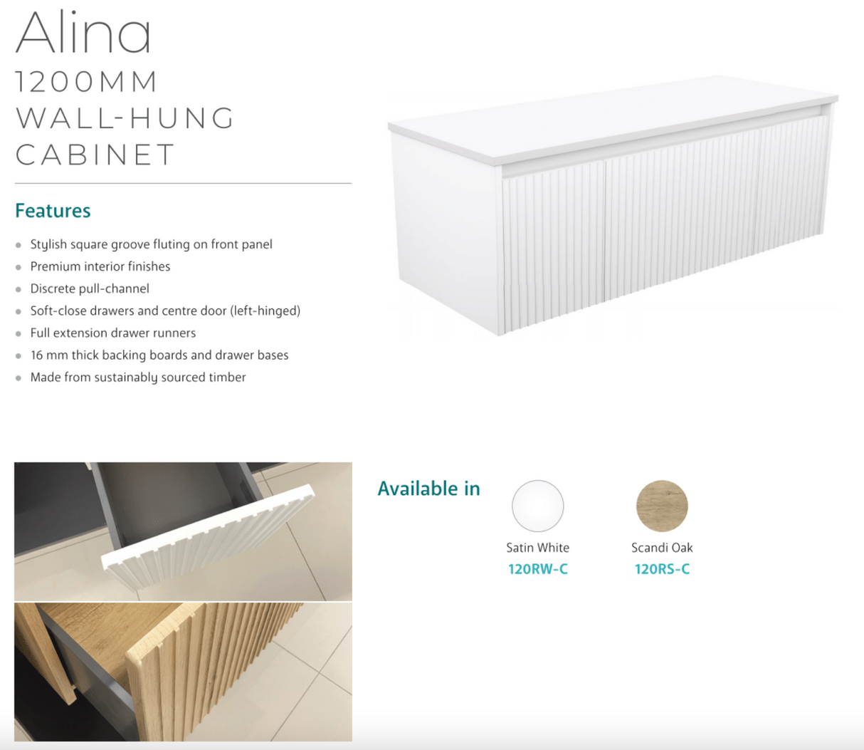 Fienza 120RW-C Alina Fluted White 1200 Wall-Hung Cabinet, Cabinet Only, No Top