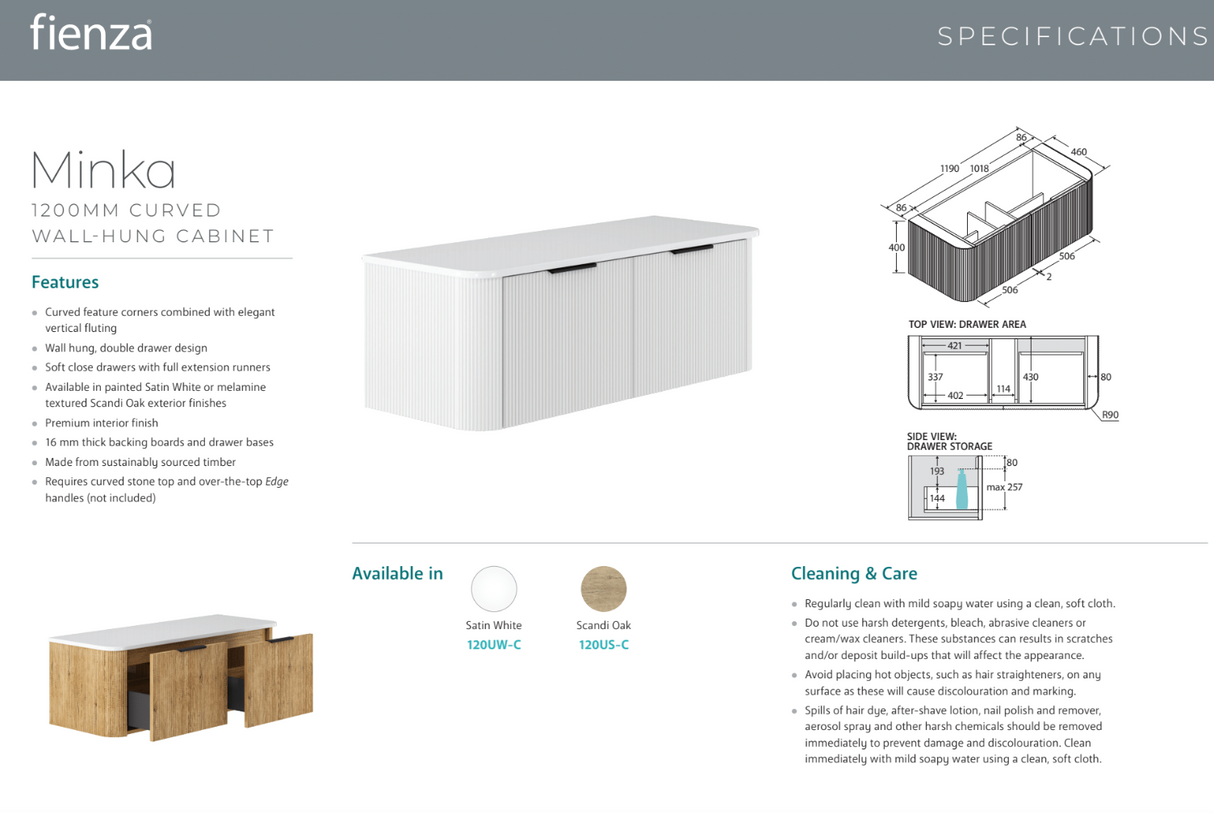 Fienza 120UW-C Minka Curved Satin White 1200 Wall Hung Cabinet