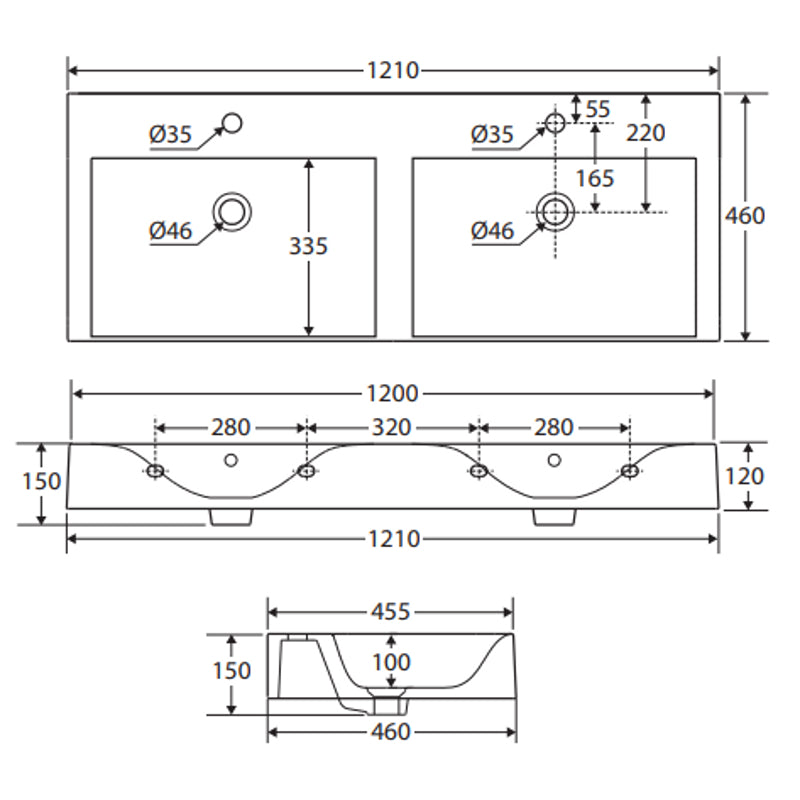 Fienza 12101AWHA RAK Des 121 Wall Basin, Two Tap Holes, Alpine White