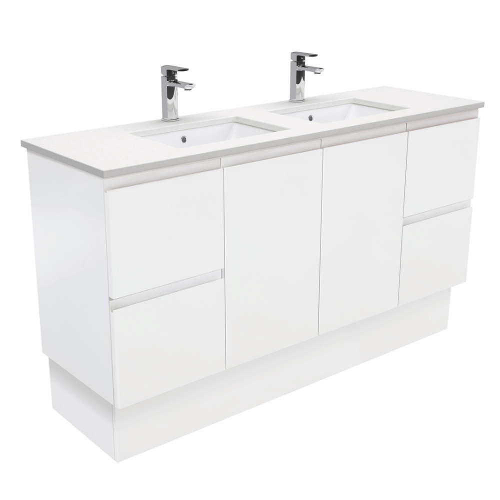 Fienza SC150ZKD Crystal Pure Undermount Stone Top, Fingerpull 1500mm (Double Basin) Vanity Unit with Kickboard Satin White