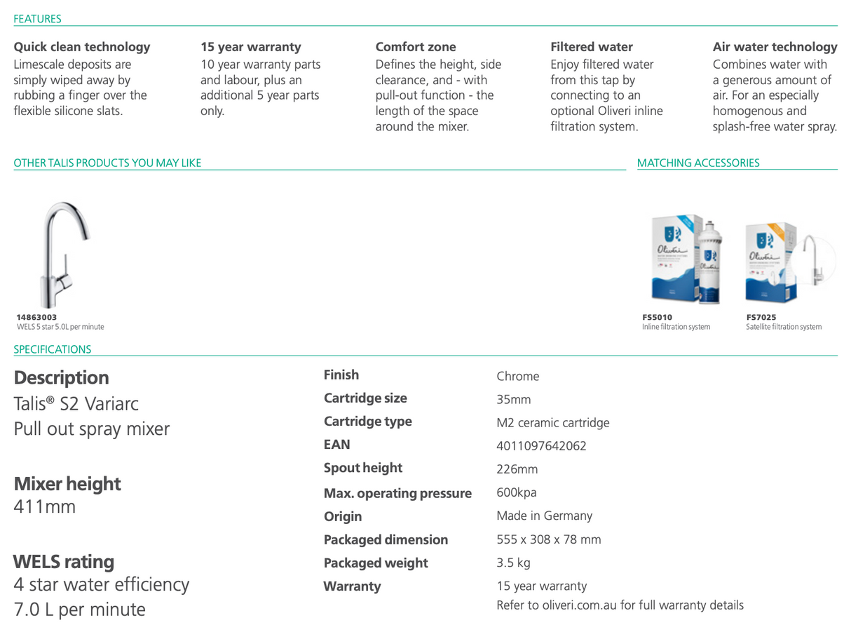 Hansgrohe 14864003 Talis S2 Variarc Single Lever Kitchen Mixer Tap Taps