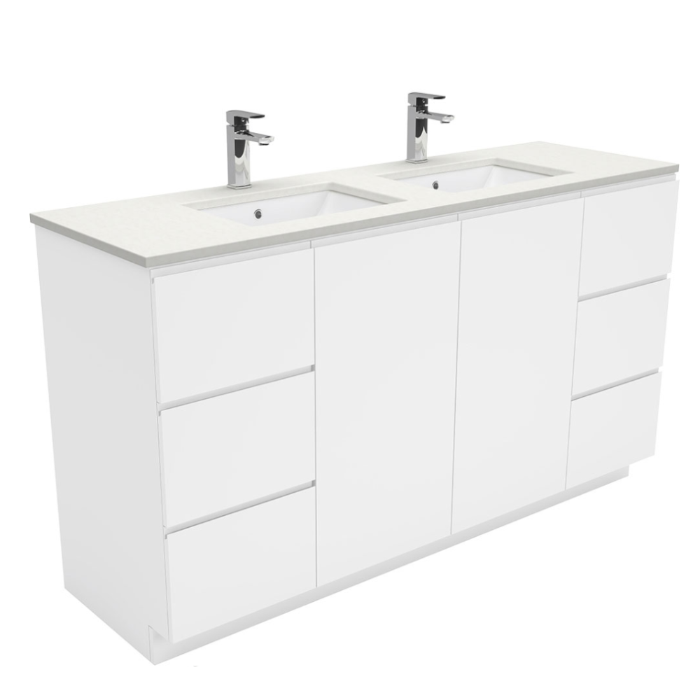 Fienza SC150CD Crystal Pure Undermount Stone Top, Fingerpull 1500mm (Double Basin) Vanity Unit with Kickboard White