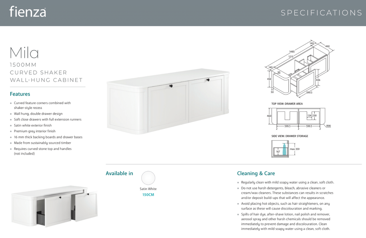 Fienza 150CM Mila Curved Satin White 1500 Wall Hung Cabinet
