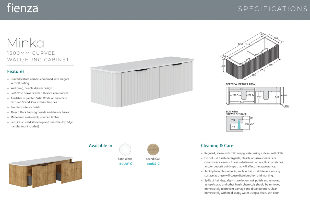Fienza 150US-C Minka Curved Scandi Oak 1500 Wall Hung Cabinet