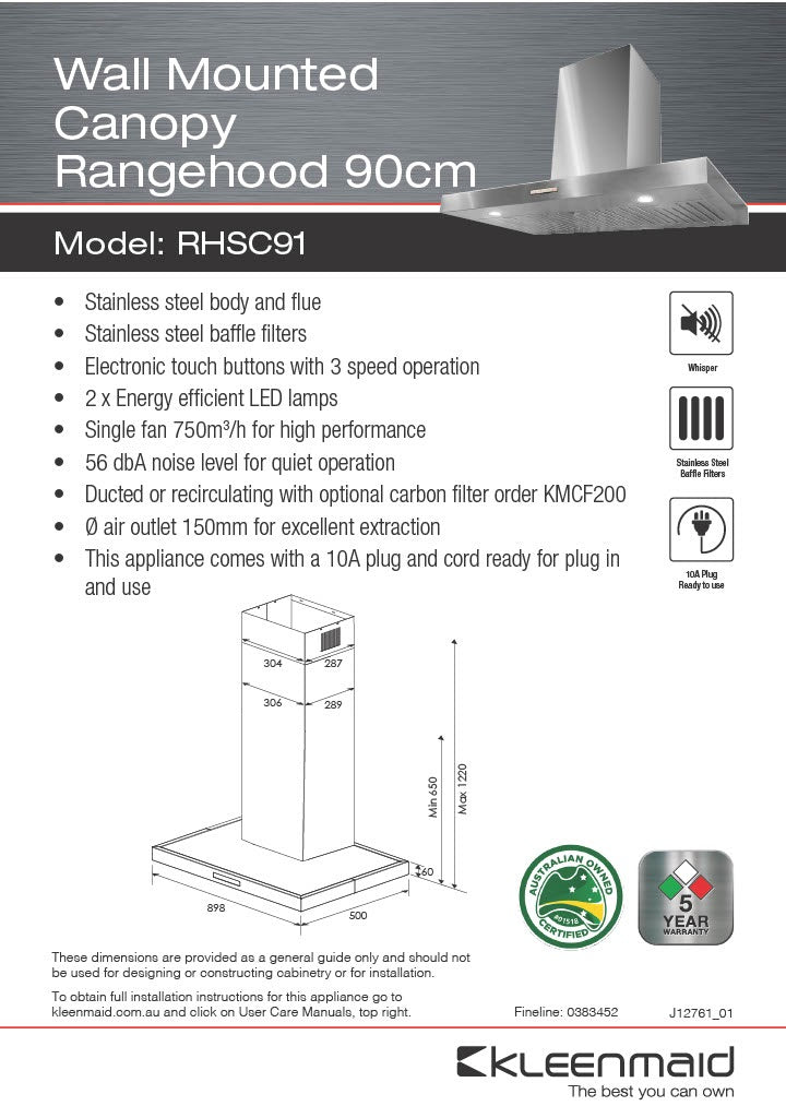 Kleenmaid RHSC91 90cm Stainless Steel Wall Mounted Canopy Rangehood