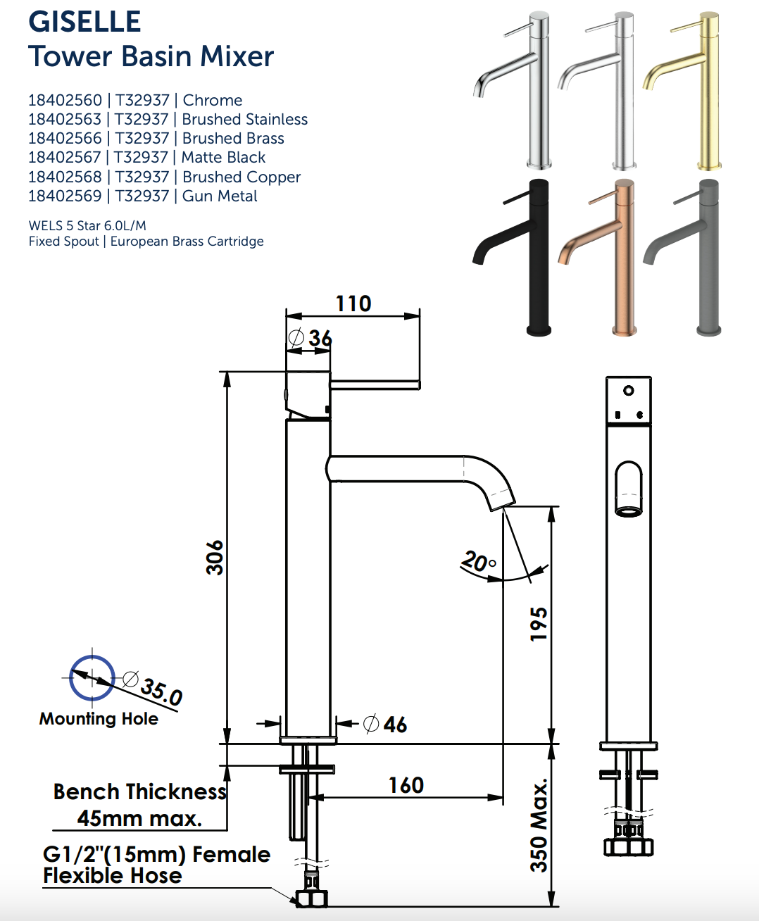 Greens Gisele Tower Basin Mixer, PVD Gunmetal, 18402569