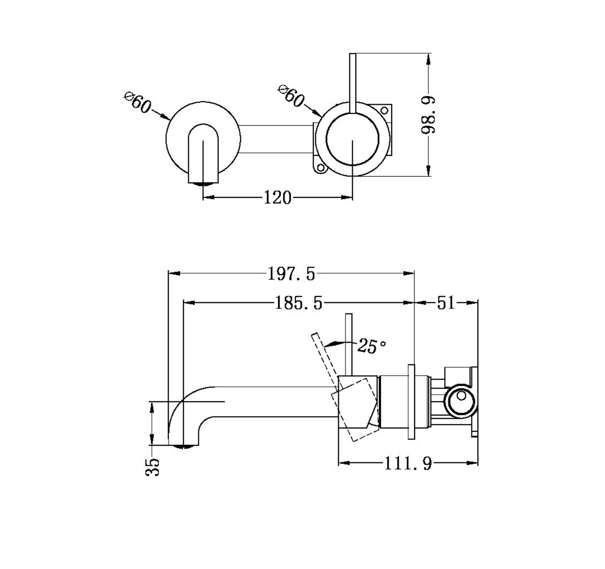 Nero Mecca Wall Mixer Set Basin / Bath (Separate Backplates) Handle Up - Brushed Bronze