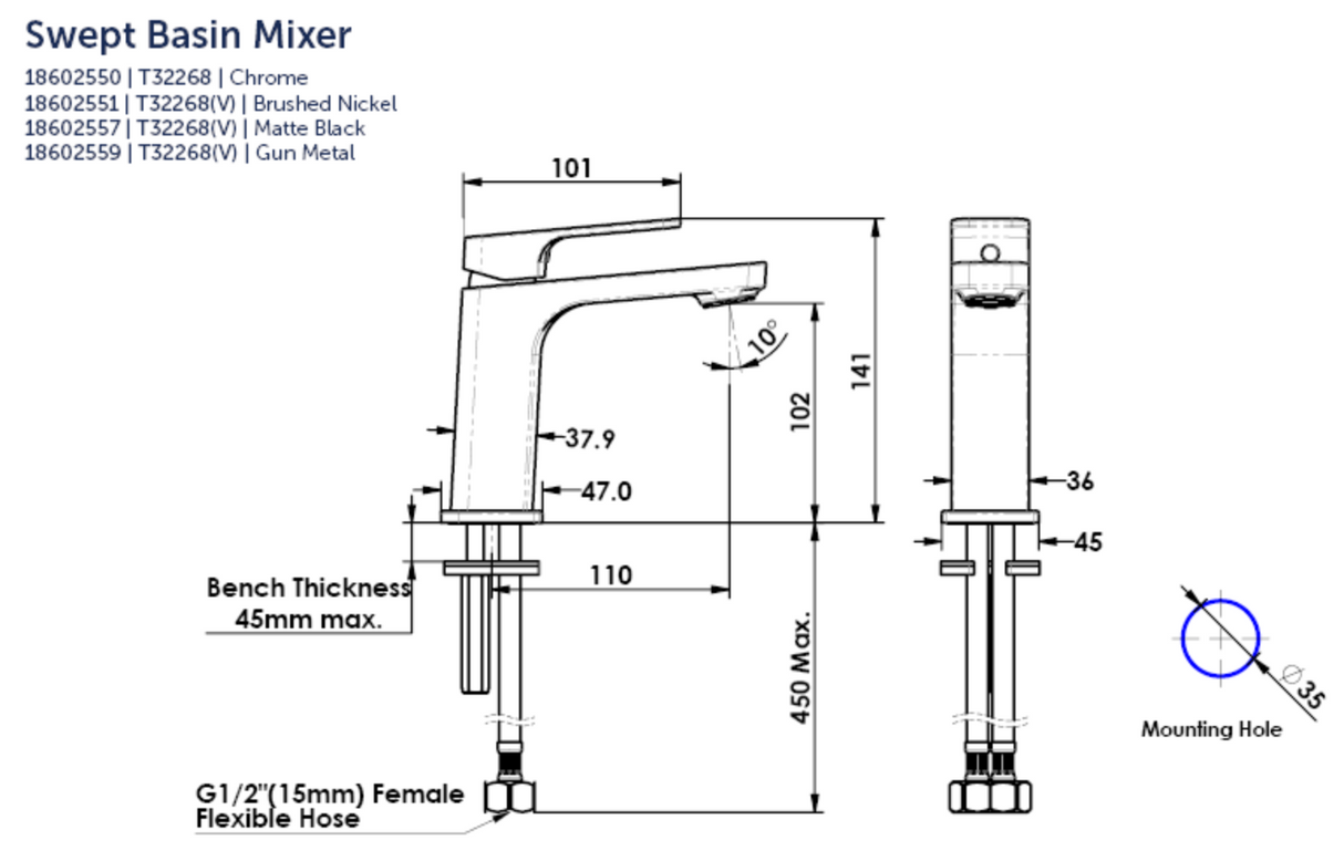 Greens Swept Basin Mixer, Chrome, 18602550