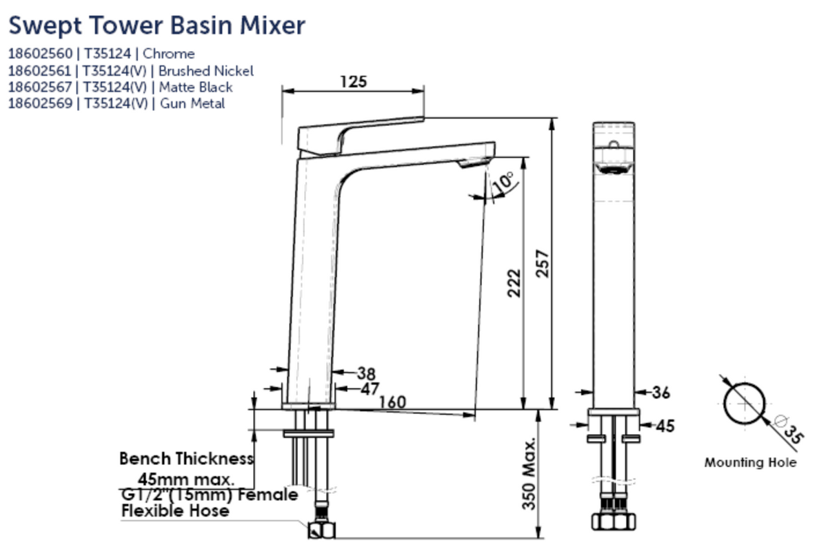 Greens Swept Tower Basin Mixer, Chrome, 18602560