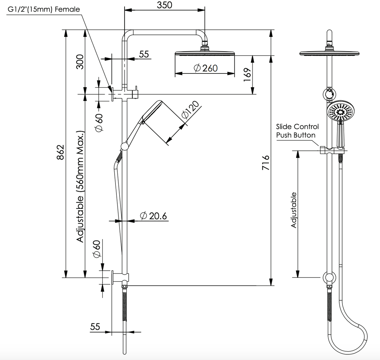 Greens Rocco Twin Rail Shower, PVD Gunmetal, 18790GM
