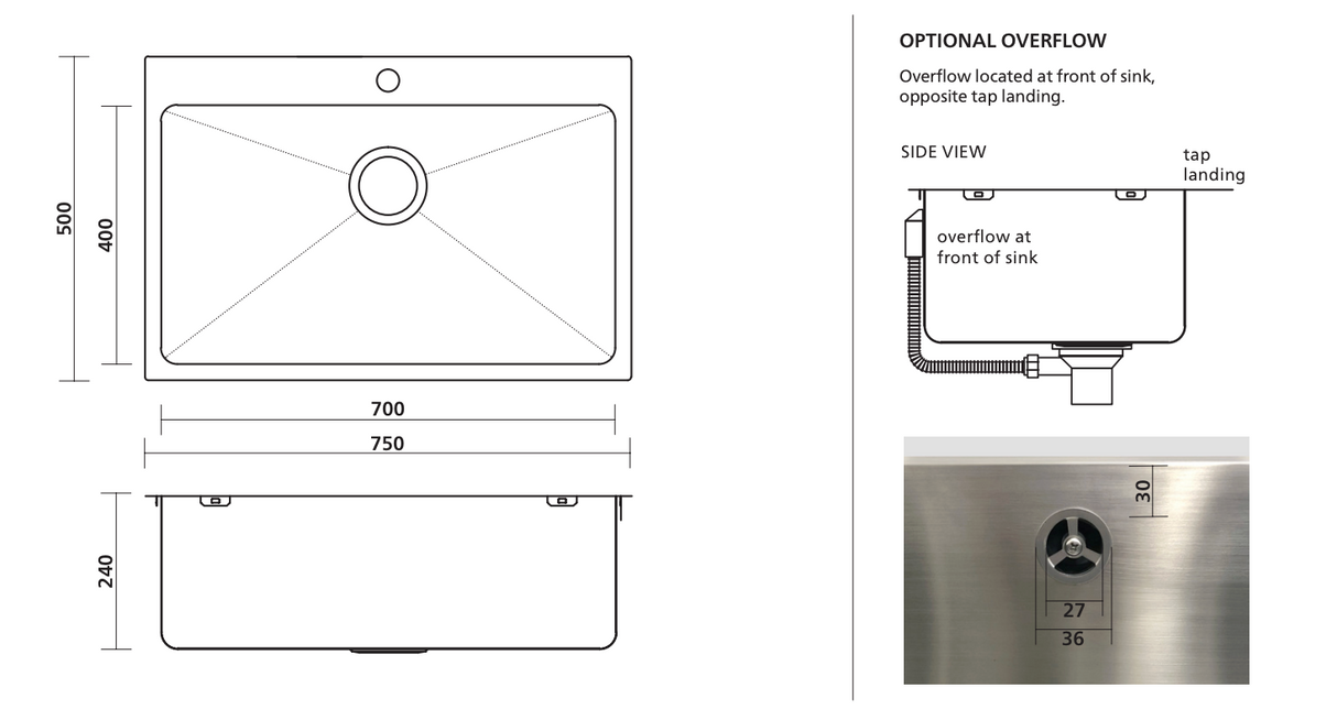 Seima Kubic 750 Single Bowl Sink with Overflow, One Taphole, 191662