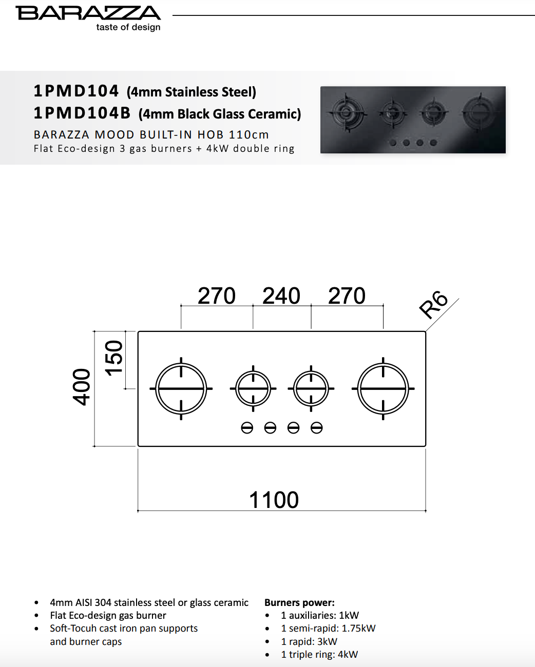 Abey Barazza 1PMD104B Cookop 110cm Mood 4 Burner Hob  Black Glass Ceramic - Special Order