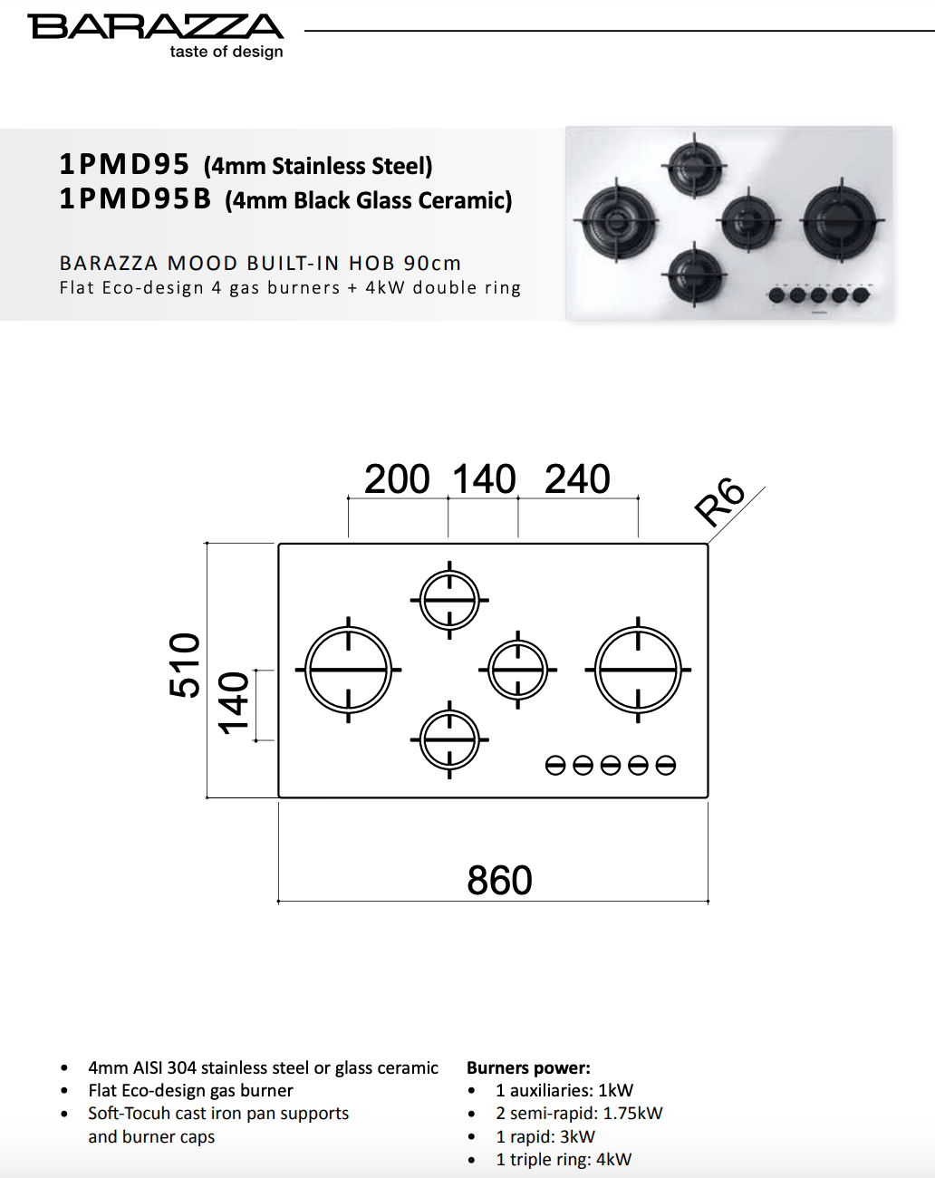 Abey Barazza 1PMD95B Cookop 86cm Mood 5 Burner Hob Black Glass Ceramic - Special Order