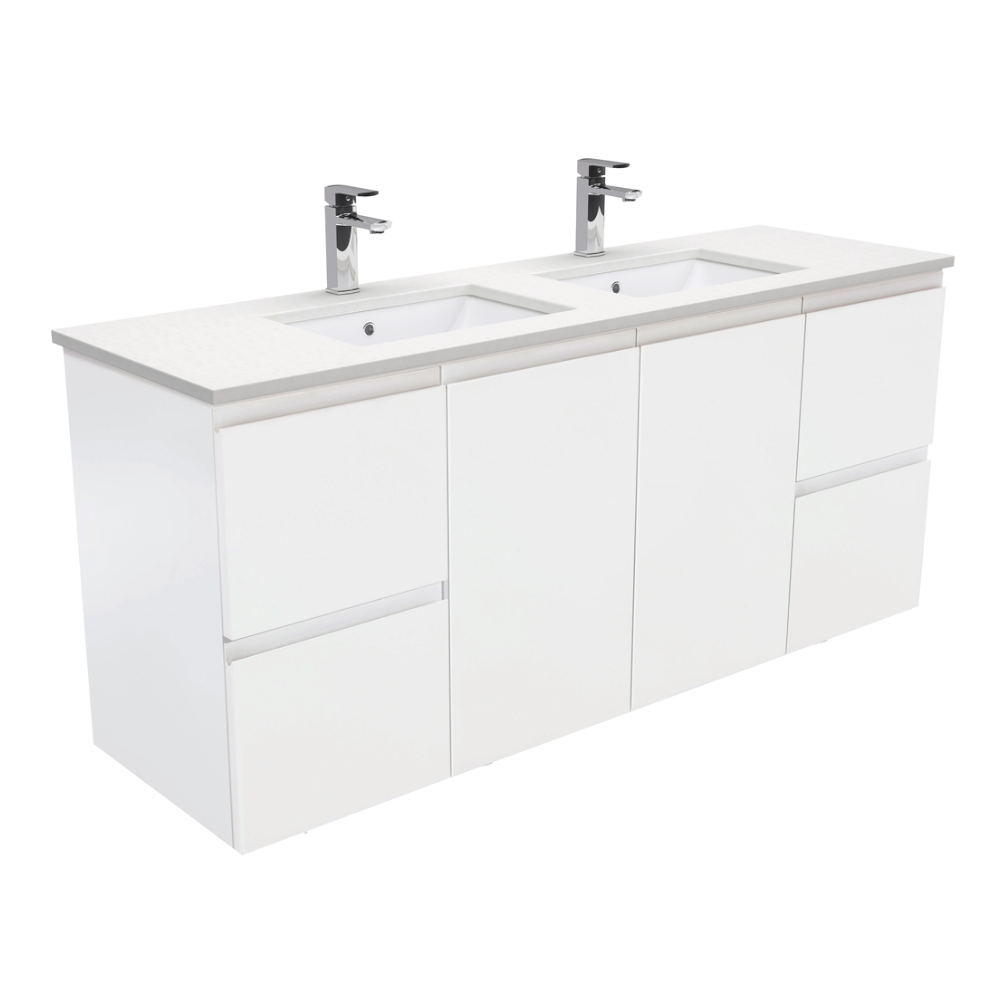 Fienza SC150ZD Crystal Pure Undermount Stone Top, Fingerupll 1500mm (Double Basin) Wall Hung Vanity Unit Satin White