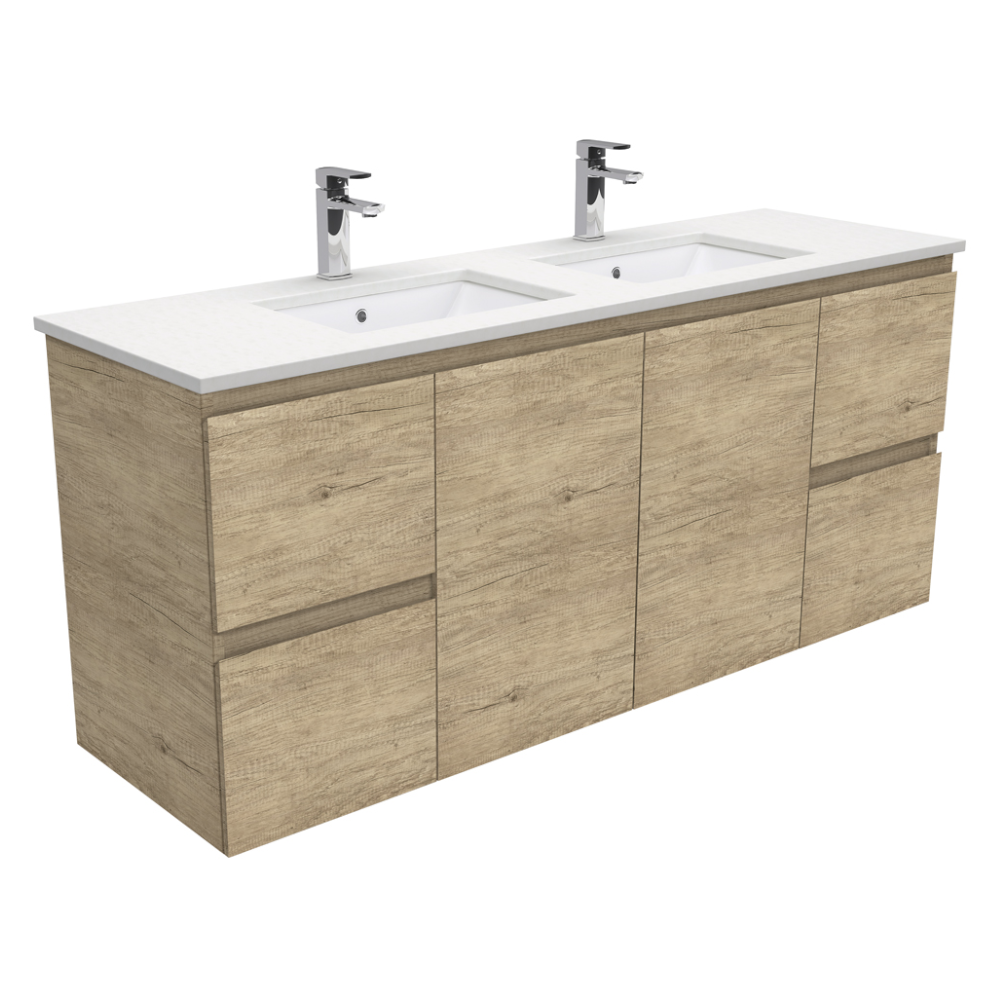Fienza SC150SD Crystal Pure Undermount Stone Top, Edge Scandi Oak 1500mm (Double Basin) Wall Hung Vanity Unit