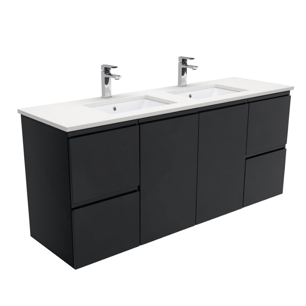 Fienza SC150ZBD Crystal Pure Undermount Stone Top, Fingerpull Satin Black 1500mm (Double Basin) Wall Hung Vanity Unit