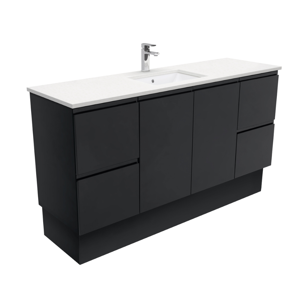 Fienza SC150ZBKS Crystal Pure Undermount Stone Top, Fingerpull Satin Black 1500mm (Single Basin) Vanity Unit with Kickboard