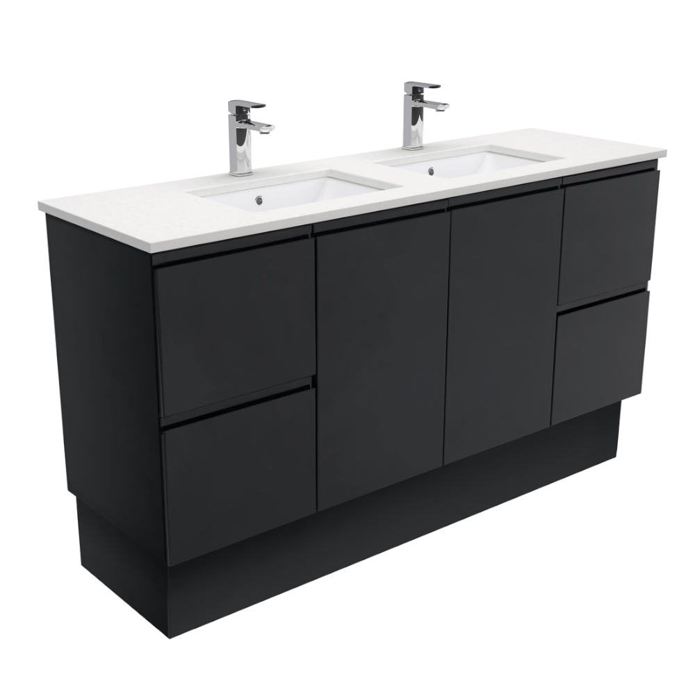 Fienza SC150ZBKD Crystal Pure Undermount Stone Top, Fingerpull Satin Black 1500mm (Double Basin) Vanity Unit with Kickboard
