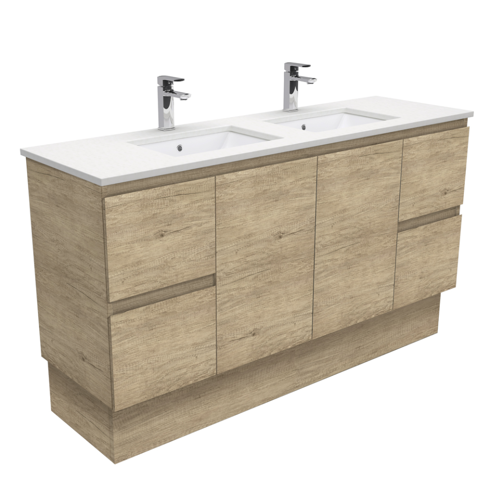Fienza SC150SKD Crystal Pure Undermount Stone Top, Edge Scandi Oak 1500mm (Double Basin) Vanity Unit with Kickboard