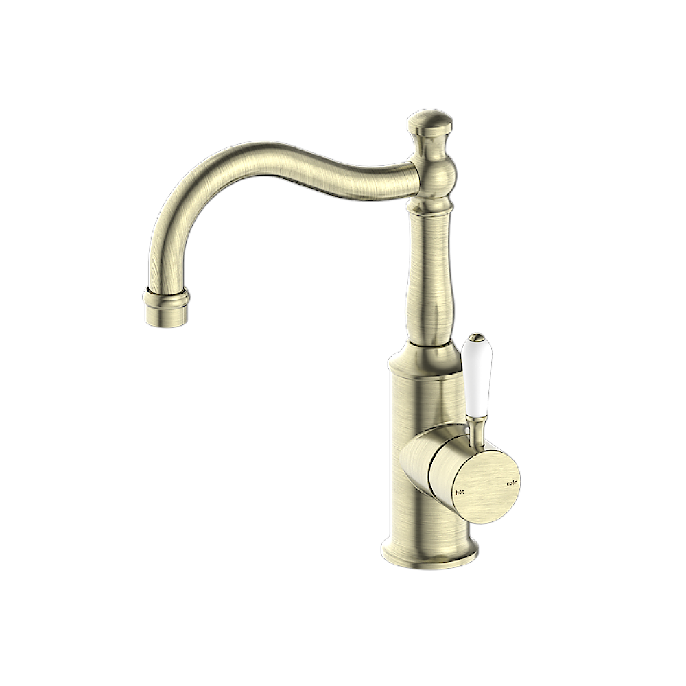 Nero York Tall Basin Mixer Hook Spout With White Porcelain Lever, Aged Brass NR69210201AB