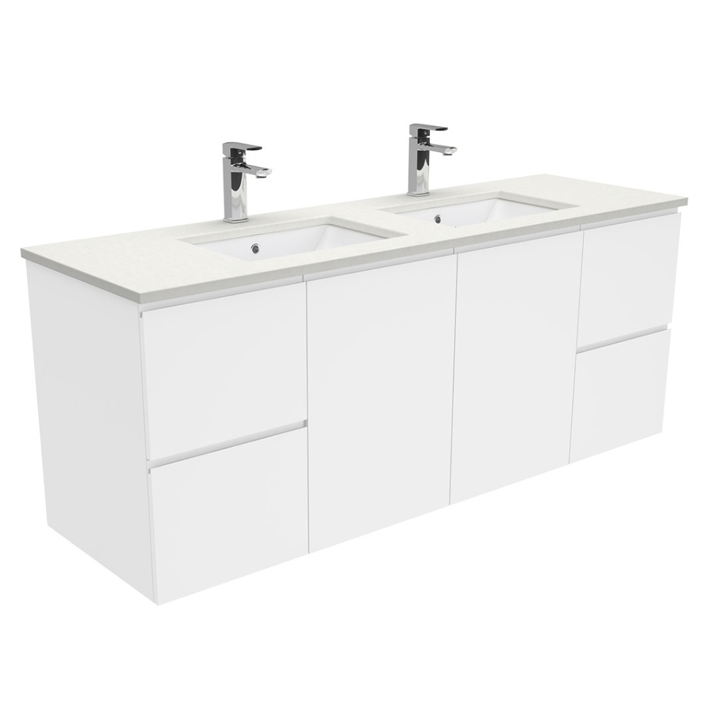 Fienza SC150FD Crystal Pure Undermount Stone Top, Fingerpull 1500mm (Double Basin) Wall Hung Vanity Unit White