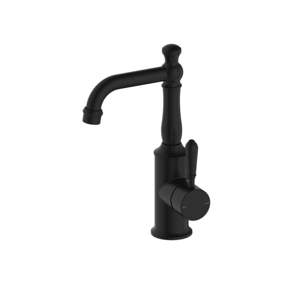 Nero York Tall Basin Mixer With White Metal Lever, Matte Black NR69210102MB