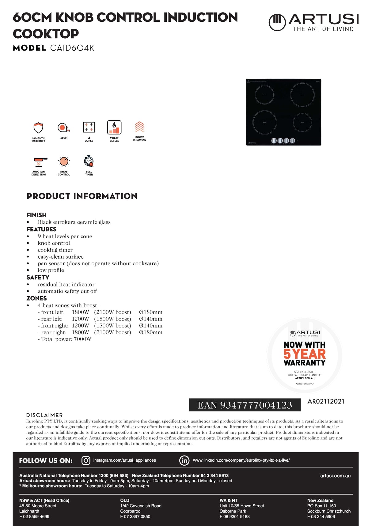 Artusi CAID604K 60cm Induction Cooktop