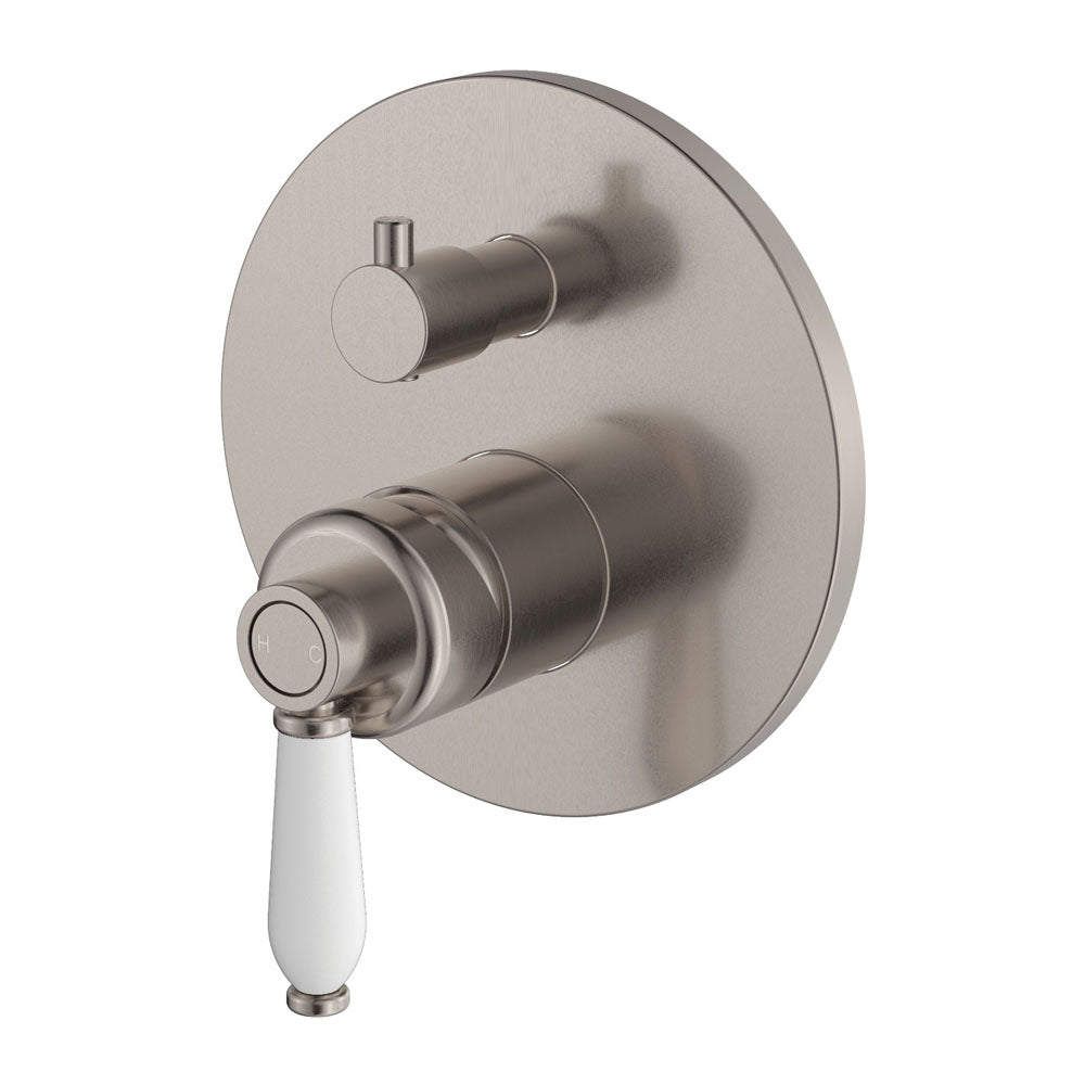 Fienza 202102BN Eleanor Wall Shower Mixer Diverter Brushed Nickel with White Ceramic Handle