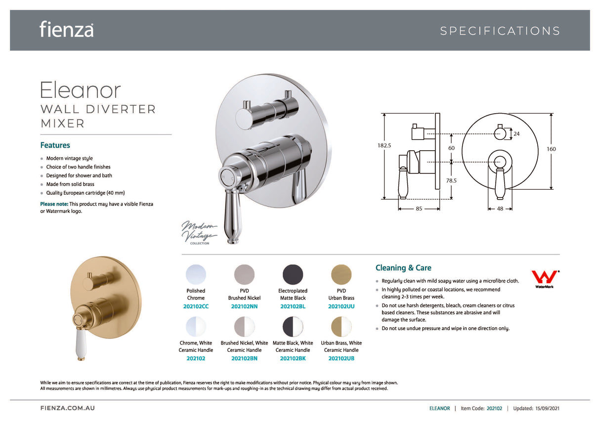 Fienza 202102NN Eleanor Wall Shower Mixer Brushed Nickel with Brushed Nickel Handle