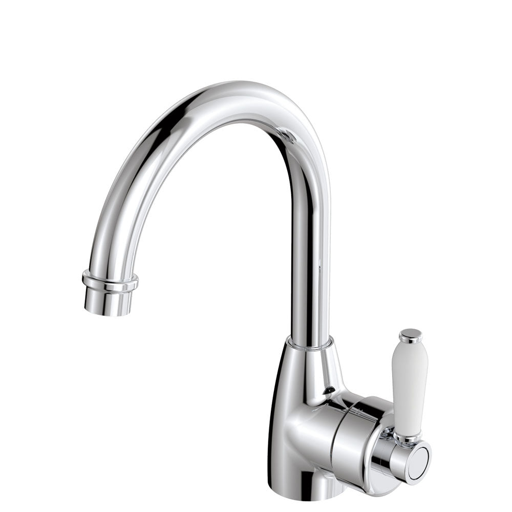 Fienza Eleanor 202104 Chrome Gooseneck Mixer With White Ceramic Handle Basin Mixers