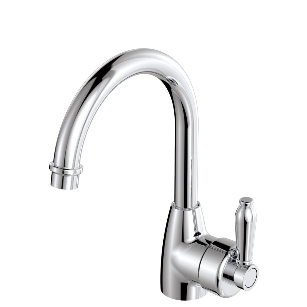 Fienza Eleanor 202104Cc Chrome Gooseneck Mixer With White Handle Basin Mixers
