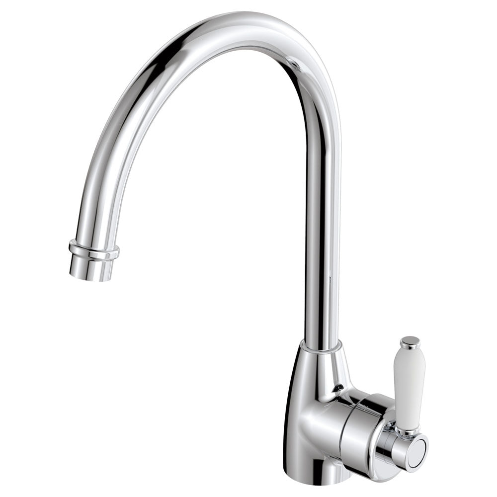 Fienza Eleanor 202109 Chrome Gooseneck Mixer With White Ceramic Handle Kitchen Taps