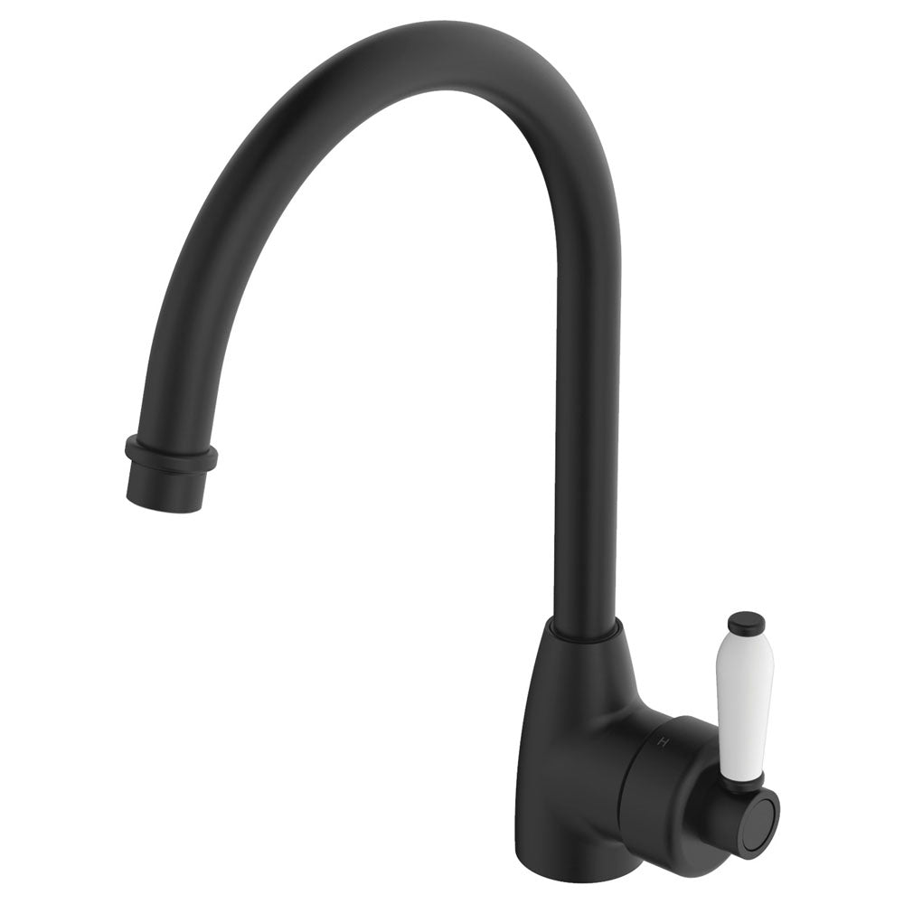 Fienza Eleanor 202109Bk Matte Black Gooseneck Mixer With White Ceramic Handle Kitchen Taps