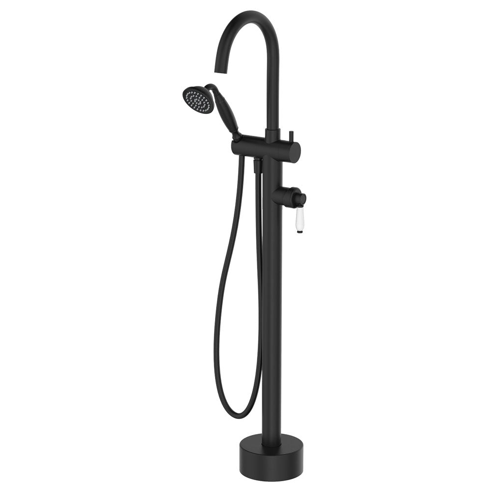 Fienza 202113BK Eleanor Floor Mixer & Shower Matte Black with White Ceramic Handle