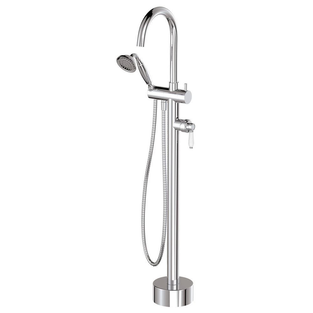 Fienza 202113 Eleanor Floor Mixer & Shower Chrome with White Ceramic Handle
