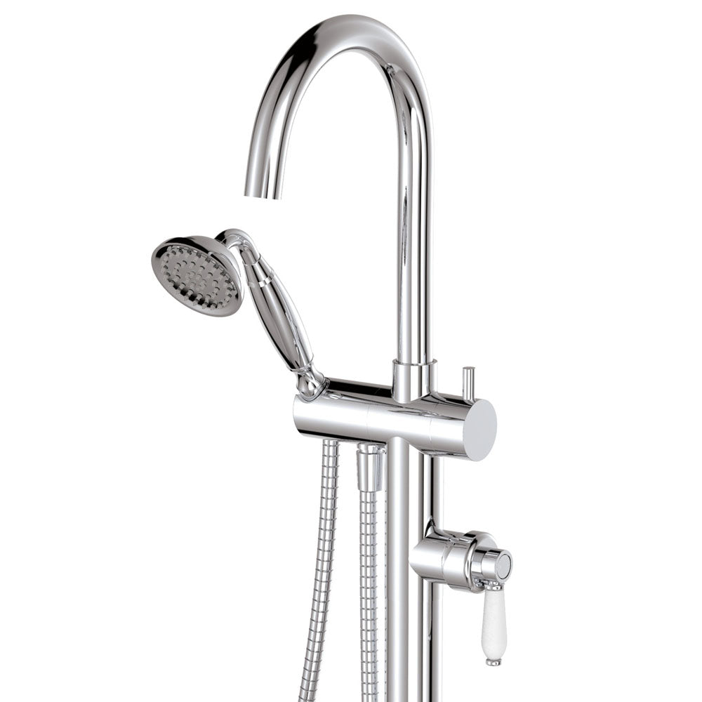 Fienza 202113 Eleanor Floor Mixer & Shower Chrome with White Ceramic Handle