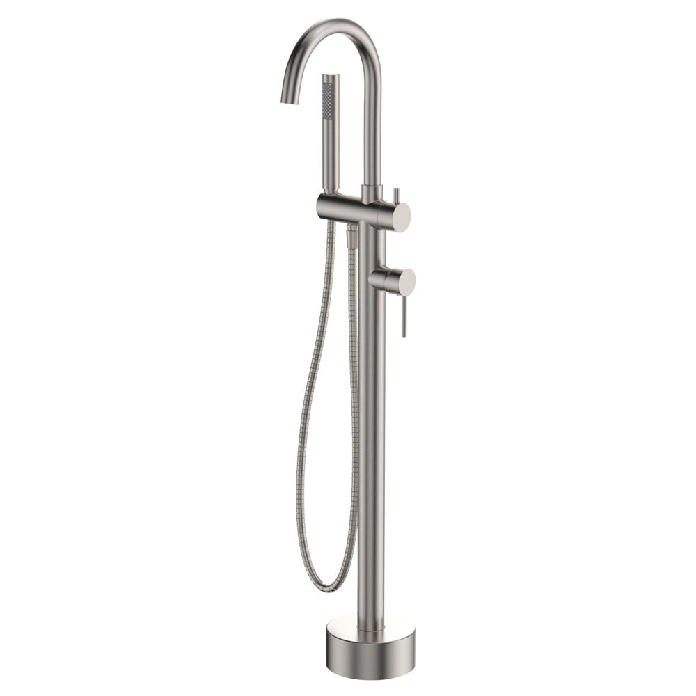 Fienza 213113BN Kaya Floor Mounted Bath Mixer With Hand Shower, Brushed Nickel