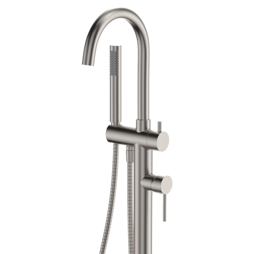 Fienza 213113BN Kaya Floor Mounted Bath Mixer With Hand Shower, Brushed Nickel