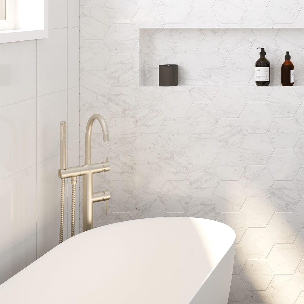 Fienza 213113BN Kaya Floor Mounted Bath Mixer With Hand Shower, Brushed Nickel