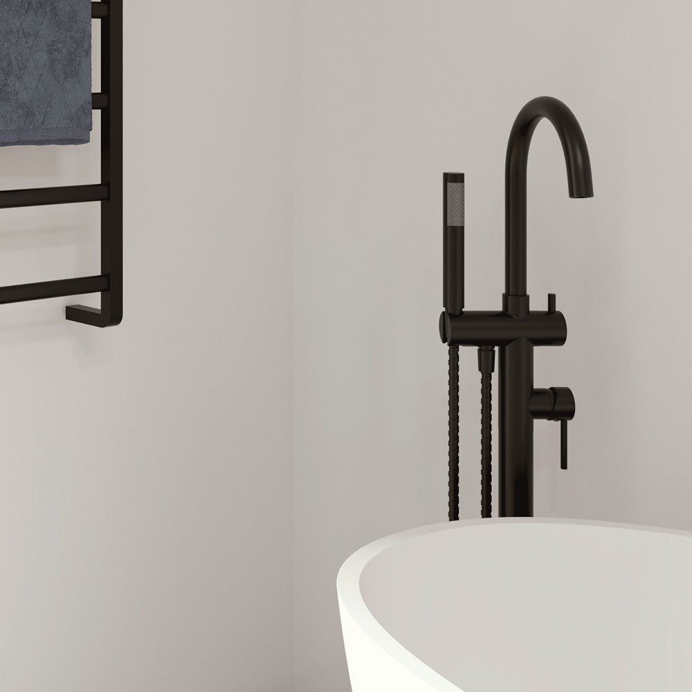 Fienza 213113B Kaya Floor Mounted Bath Mixer With Hand Shower, Matte Black