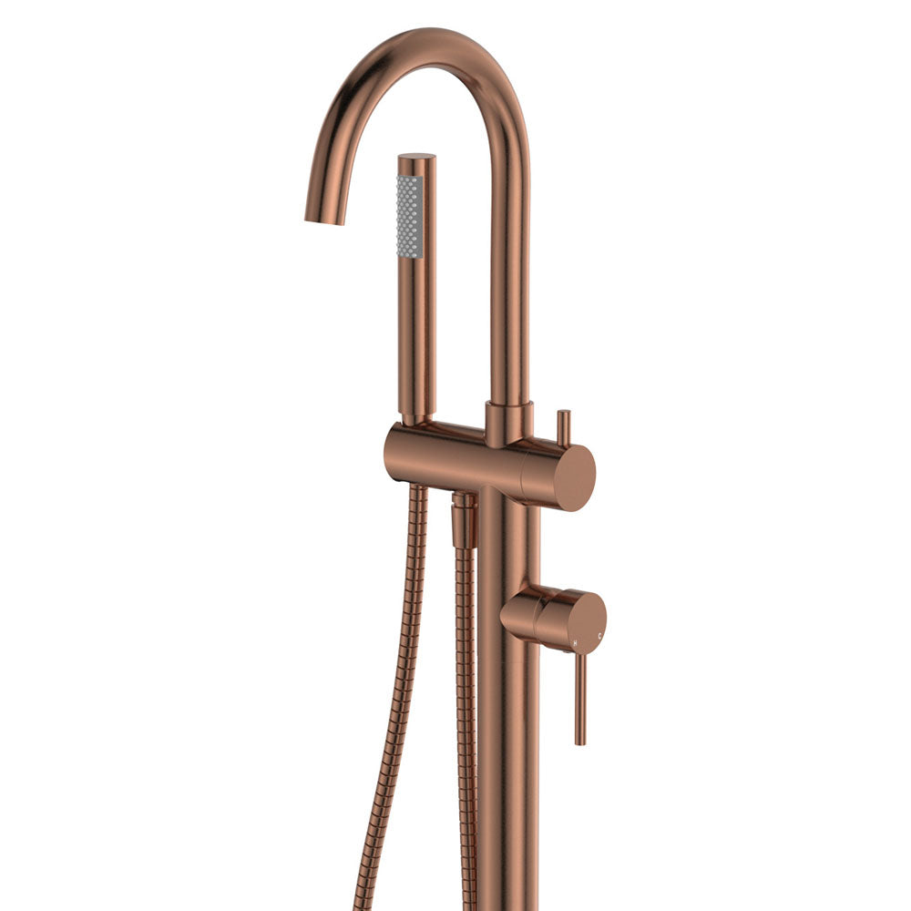 Fienza 213113CO Kaya Floor Mounted Bath Mixer With Hand Shower, Brushed Copper