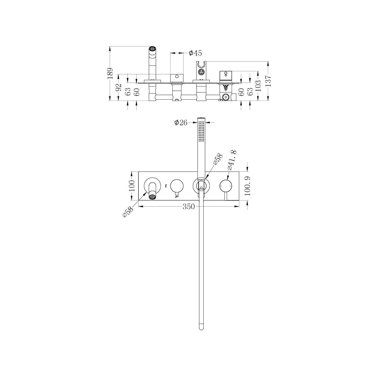Nero NR221903dCH Mecca Wall Mounted Bath Mixer with Handshower - Chrome